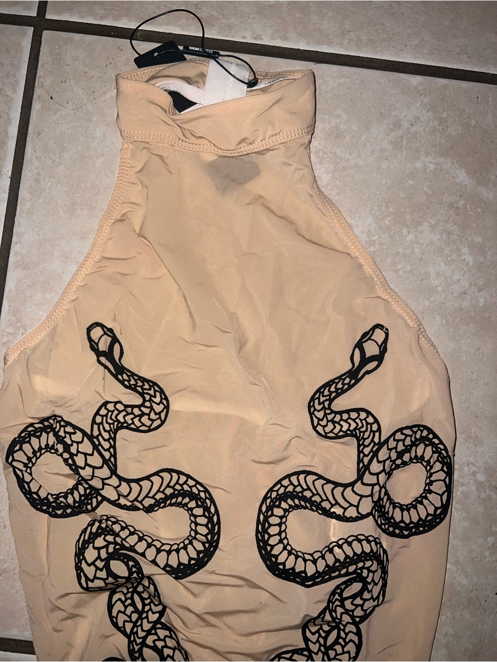Beige Snake Print Halter Bodysuit - - Picture 2 of 5